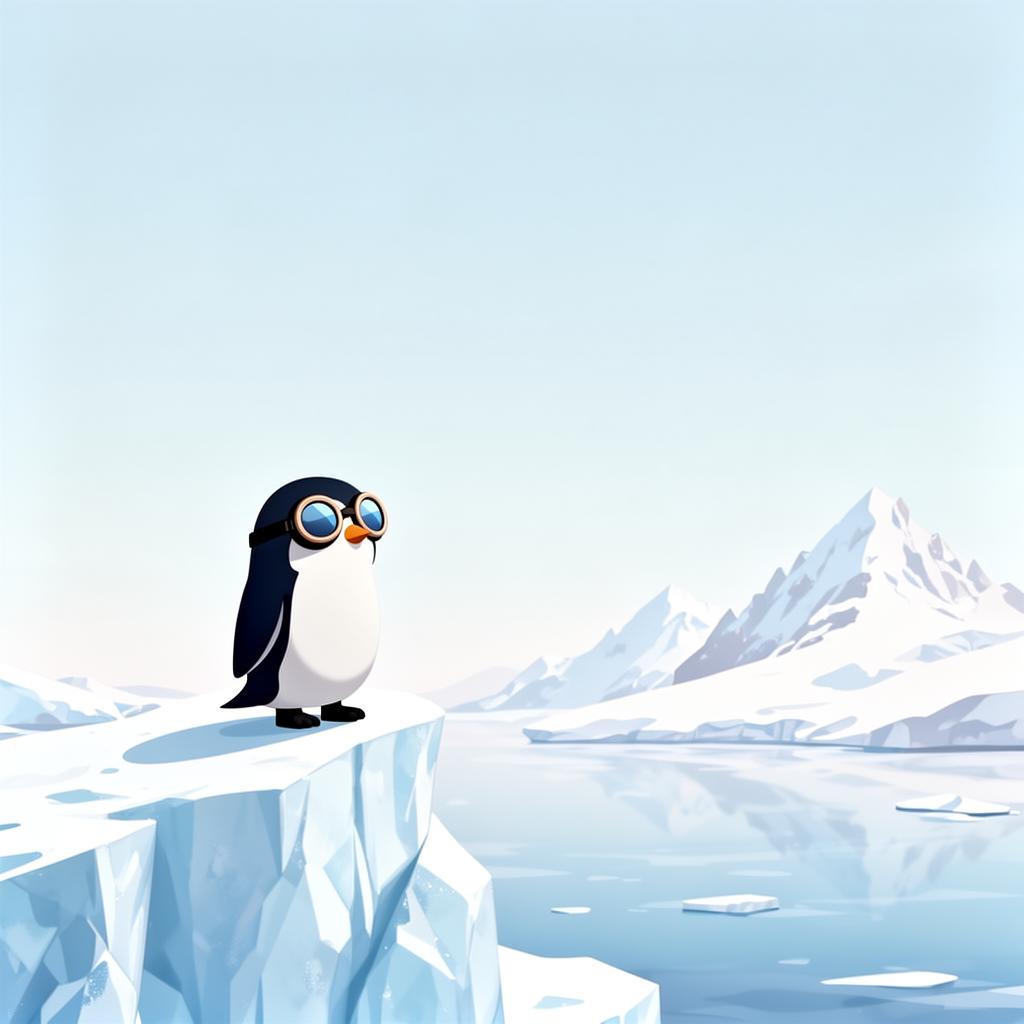 Penguin overlooking icy mountains